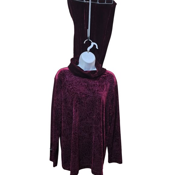 Vintage Burgundy Floral Velvet 2 pc set Turtleneck Lg Sleeve Top Matching Pants - Picture 1 of 12